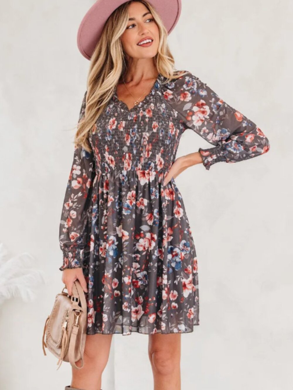 Brown Frilly Smocked Bodice Floral Mesh Long Sleeve Mini Dres